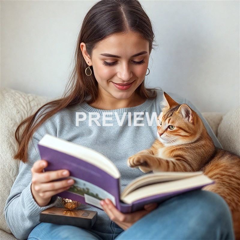 A young woman sitting on a beige sofa, smiling while reading a book, with an orange tabby cat sitting comfortably on her lap and reaching towards the open pages.